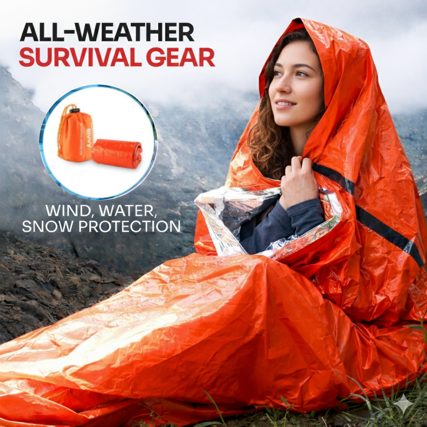 Close-up of the durable, tear-resistant material of the thermal bivy survival sleeping bag.