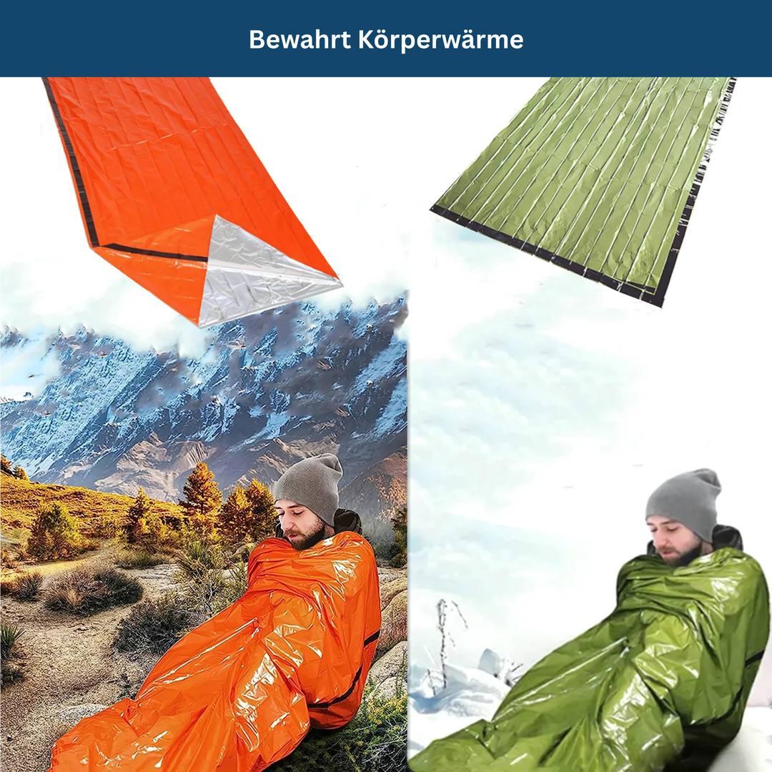 Durable emergency sleeping bag providing warmth for outdoor survival and first aid