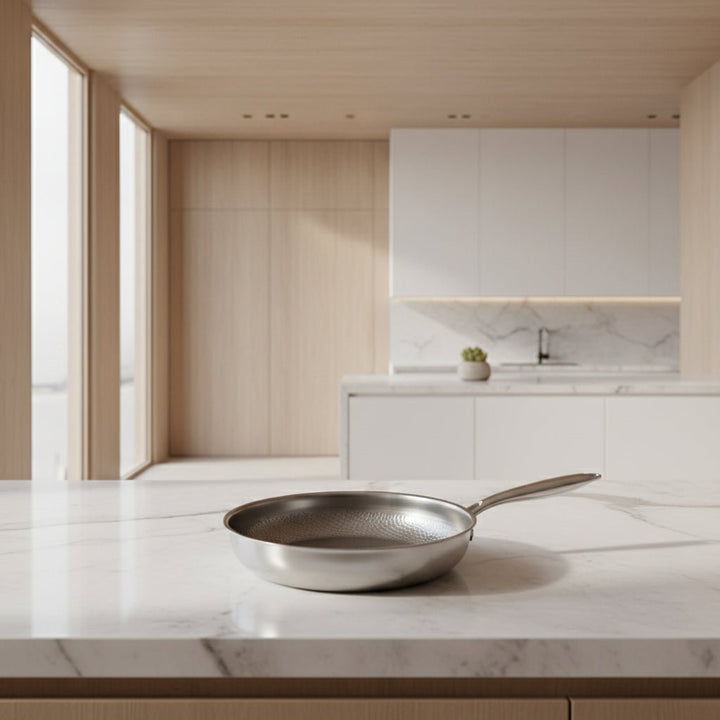 Titanium hammered non-stick skillet for induction cooktops, durable and easy to clean.