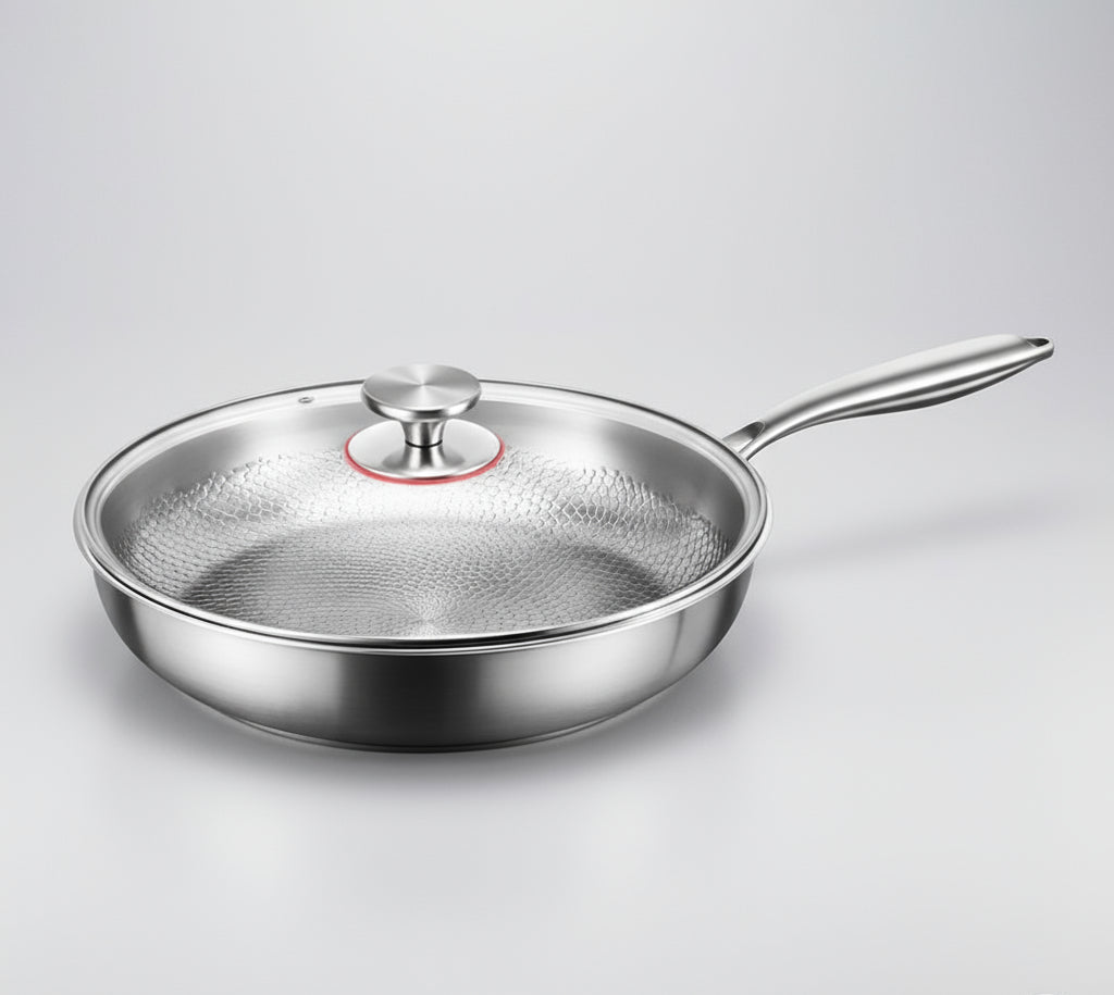 Robust titanium non-stick induction skillet with hammered design, built for long-lasting performance and easy care.