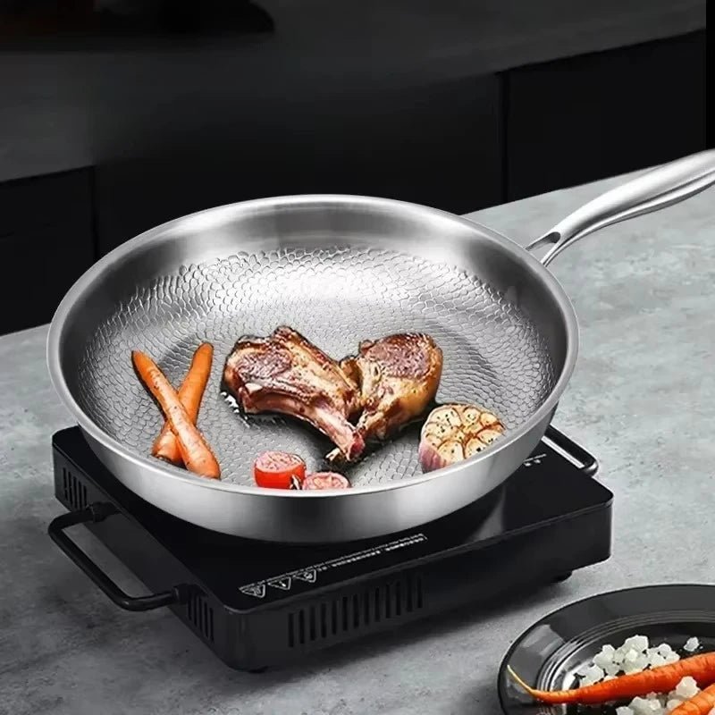Stylish titanium hammered non-stick frying pan, ideal for induction, durable kitchen essential.