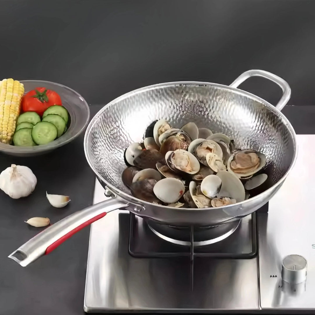 Titanium wok with round bottom, ideal for induction cooktops & healthy stir-frying. Non-stick cookware for kitchen.