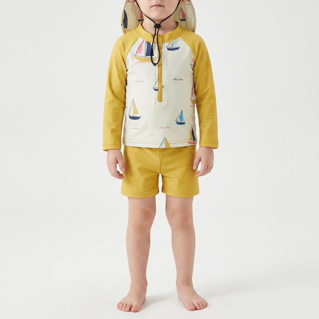 Children's long-sleeve swim set with matching shorts and sun protection hat. Ideal toddler swimwear for summer fun.