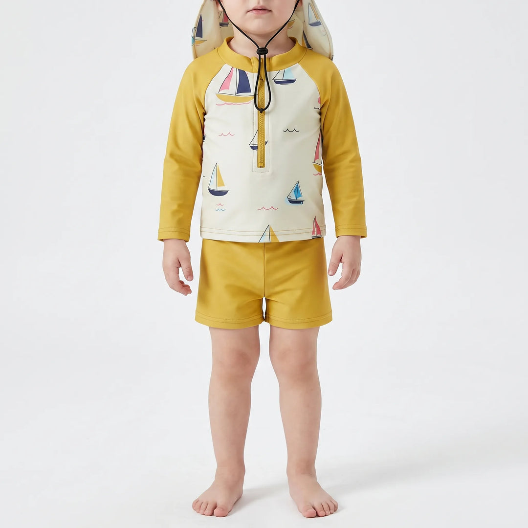 Kids three-piece swim set includes a long-sleeve top, shorts, and a sun protection hat. Great for toddlers at the pool.