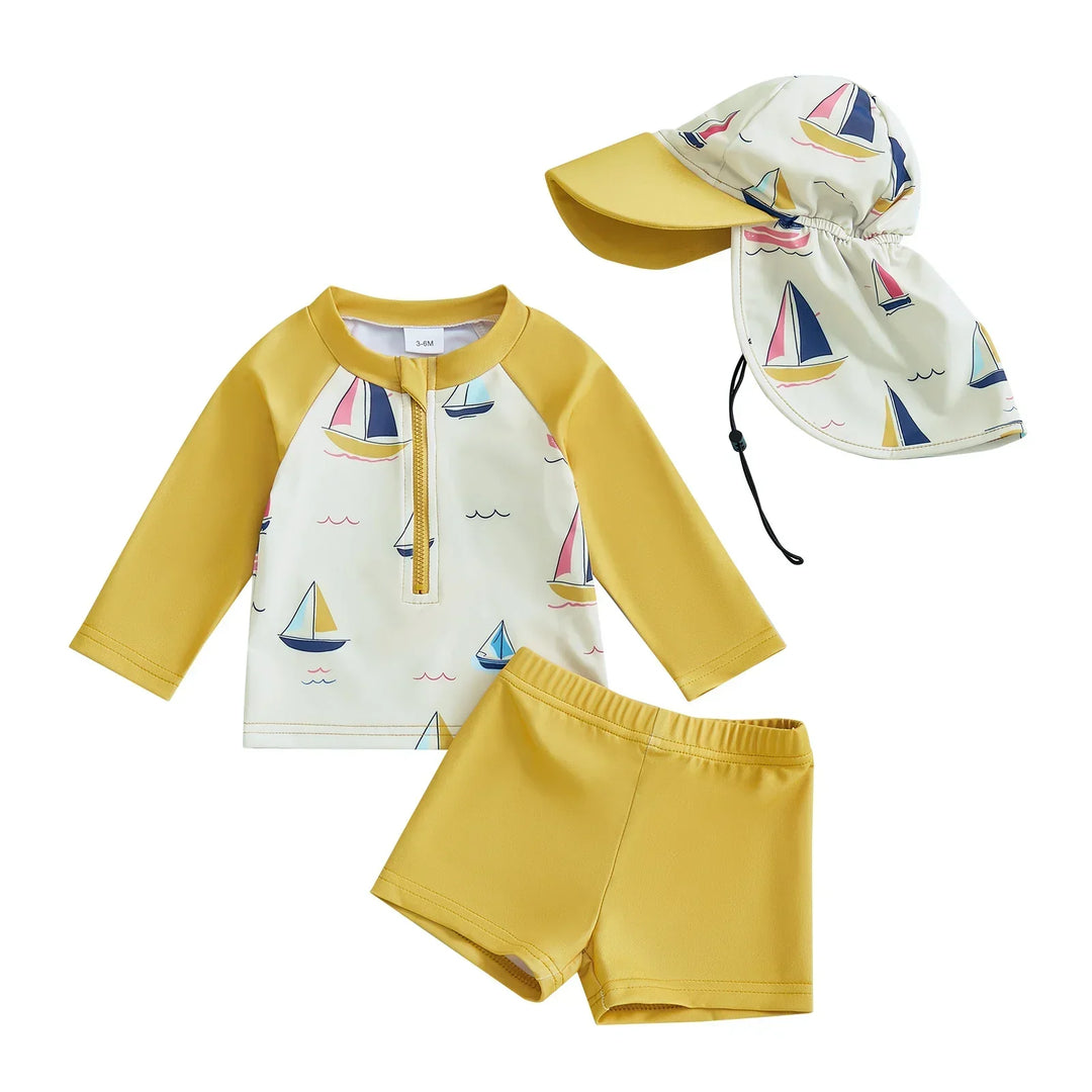 Toddler beach wear: 3-piece swim set with long-sleeve top, shorts, and sun hat. Provides excellent sun protection.