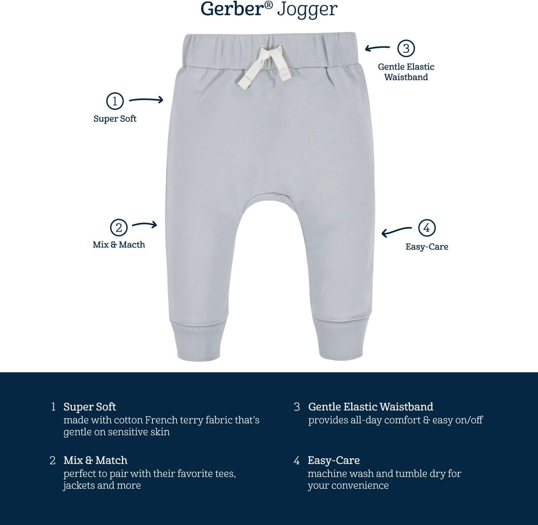 Smiling toddler boy or girl playing happily in a pair of soft, comfortable jogger pants from the 3-pack.