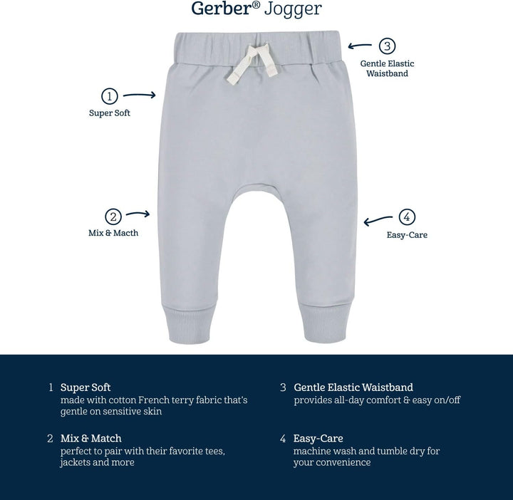 Smiling toddler boy or girl playing happily in a pair of soft, comfortable jogger pants from the 3-pack.