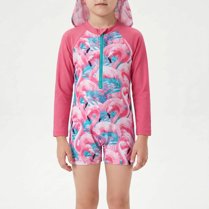Cute toddler girls' floral rash guard swimsuit with sun hat, offering excellent UV sun protection.