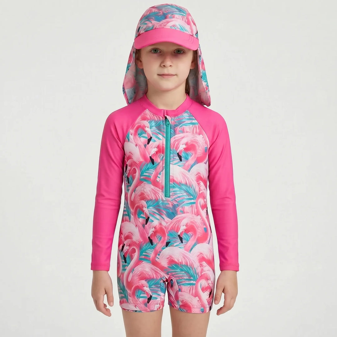 Sun protective toddler girls' floral rash guard swimsuit & matching hat for comfy summer play.