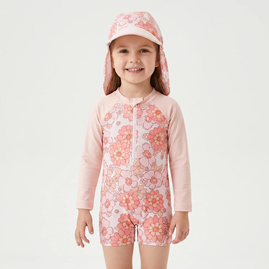 Complete toddler girls' Florisca floral rash guard swim set with long sleeves and a coordinating sun hat.