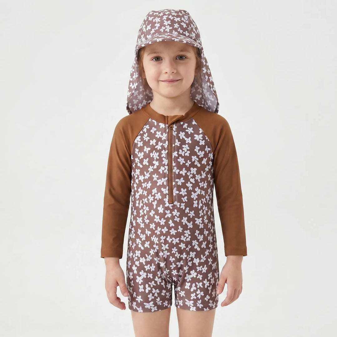 Baby/toddler girl's floral long sleeve rash guard swimsuit & sun hat set for ultimate sun protection.