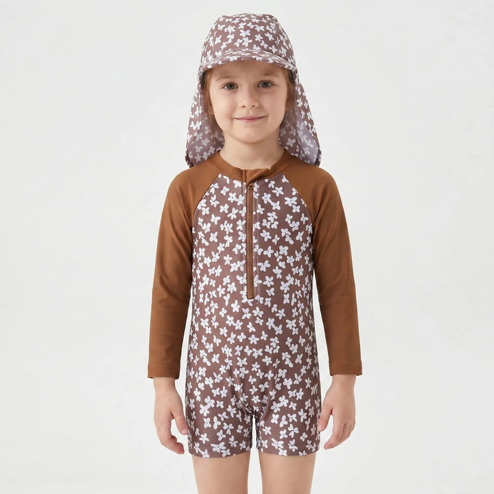 Baby/toddler girl's floral long sleeve rash guard swimsuit & sun hat set for ultimate sun protection.