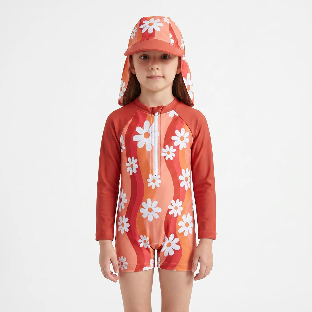 Vibrant Florisca floral rash guard swimsuit & sun hat set, essential sun-protective swimwear for toddlers.