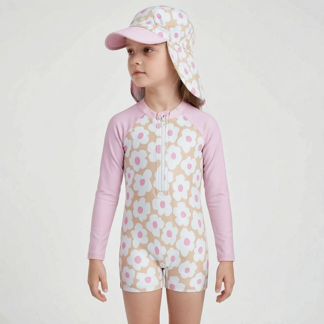 Adorable toddler girls' floral long-sleeve rash guard, swimsuit & sun hat for safe summer adventures.