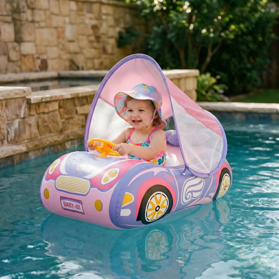 Toddler inflatable car pool float with sun canopy. Safe baby water toy for swimming fun & sun protection.