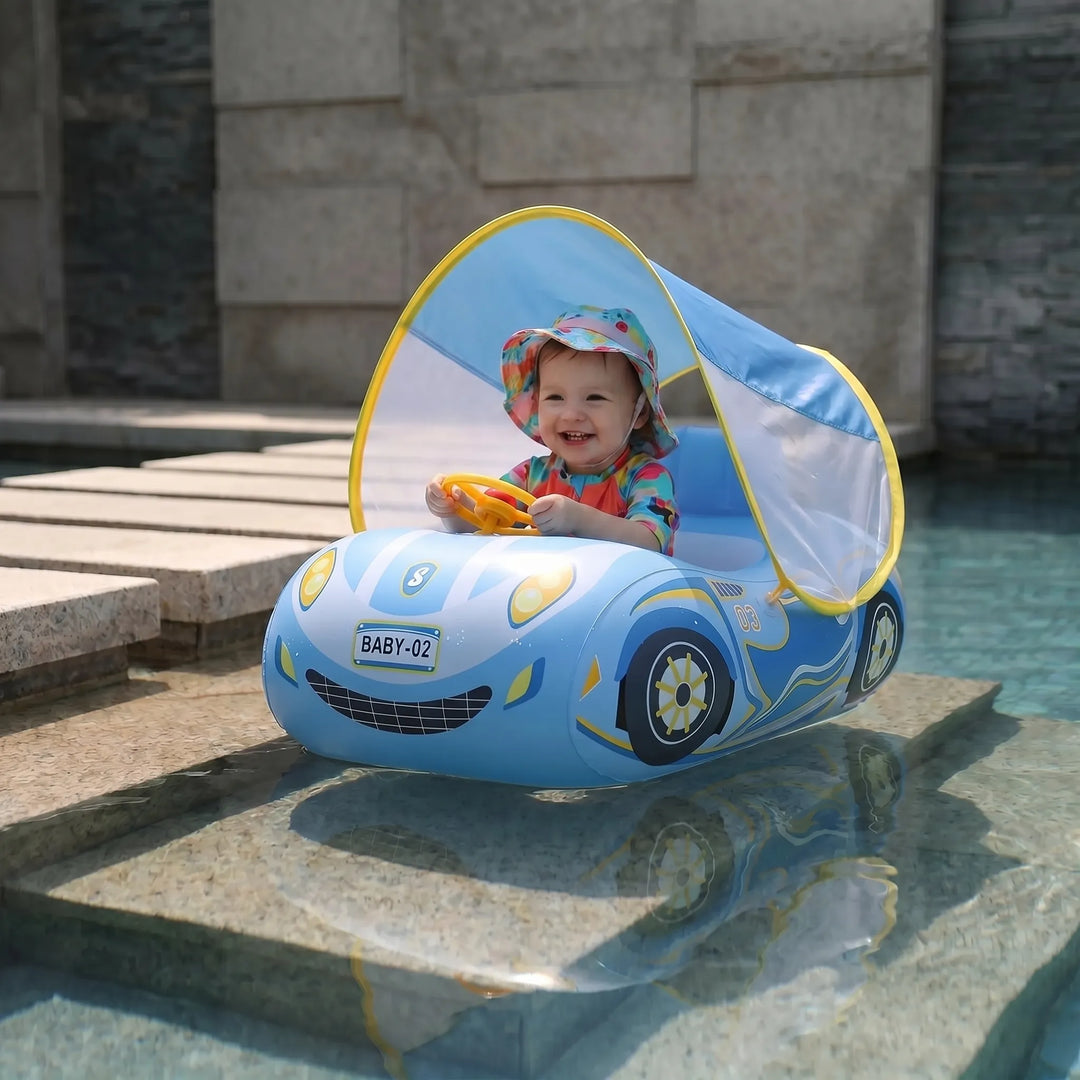 Cute red toddler car pool float with attached sun canopy, perfect for babies & kids summer water play.