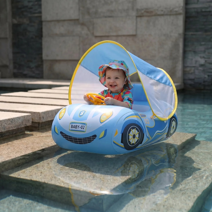 Cute red toddler car pool float with attached sun canopy, perfect for babies & kids summer water play.