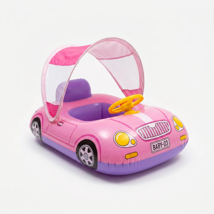 Baby & toddler inflatable pool float with steering wheel & sun shade for safe, fun water activity.