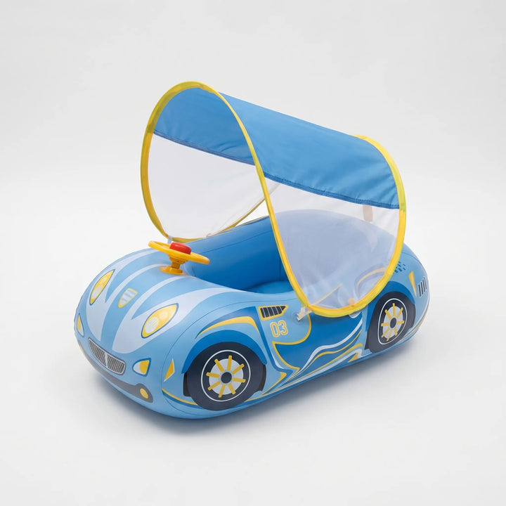 Children's car-shaped inflatable pool float with a protective sun canopy & comfortable seat for toddlers.