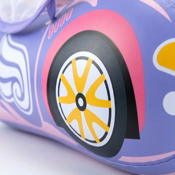 Inflatable swimming aid for toddlers, a car pool float with sun canopy for safe splashing in baby pools.