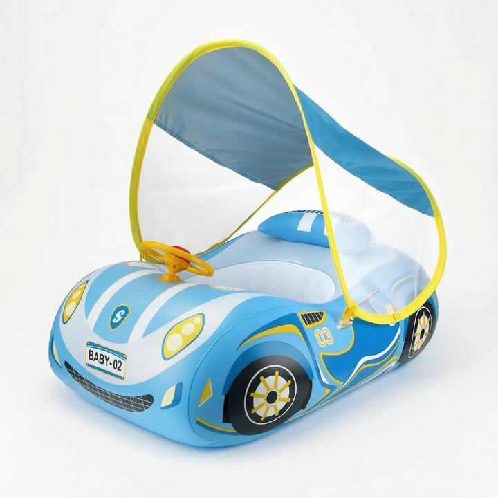 Safe toddler water play: Inflatable car pool float with built-in sun canopy for comfortable summer swimming.