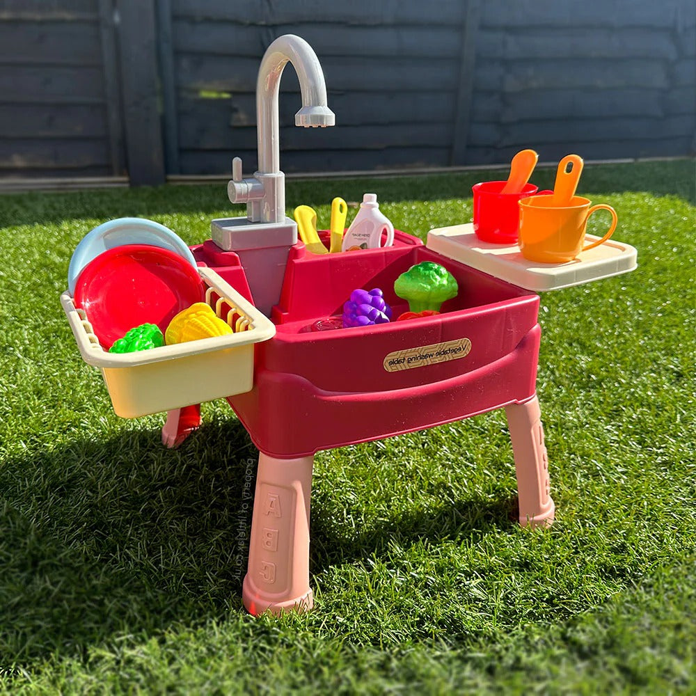 Children's activity sink toy for imaginative role play, featuring working faucet; perfect for indoor/outdoor water fun.