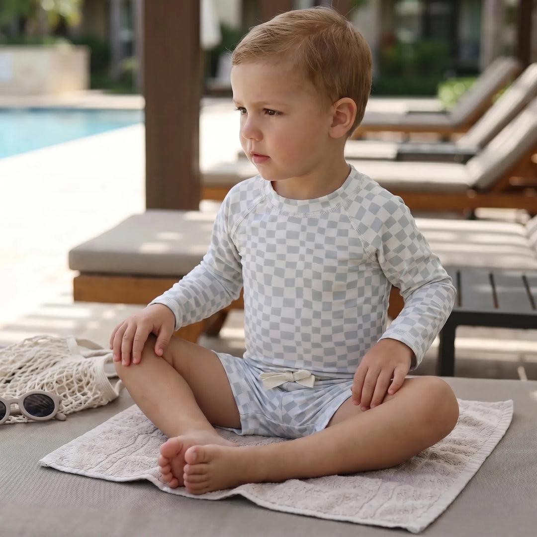 Toddler long sleeve rash guard swim set for ultimate sun protection at the beach or pool.