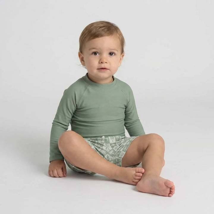 Children's long sleeve rash guard swim set, ensuring sun protection for toddlers during water play.