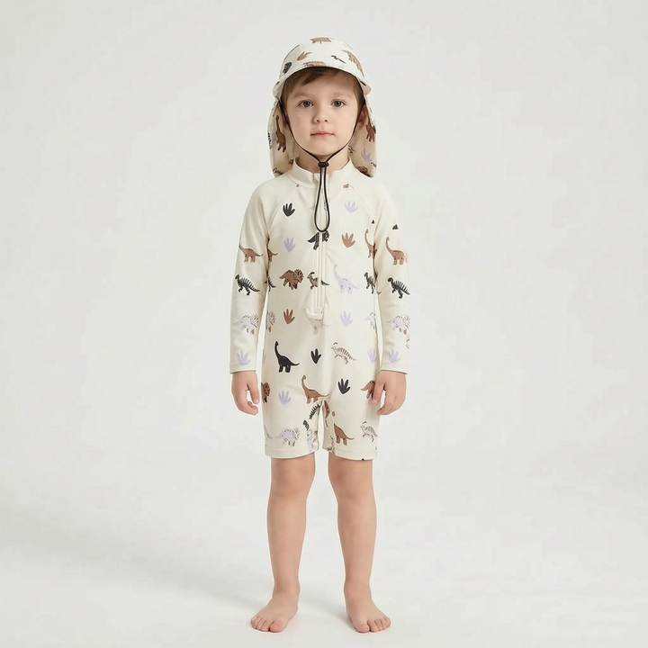 Toddler long-sleeve sun protection swimsuit with a matching swim hat for safe kids' water play & summer outfits.