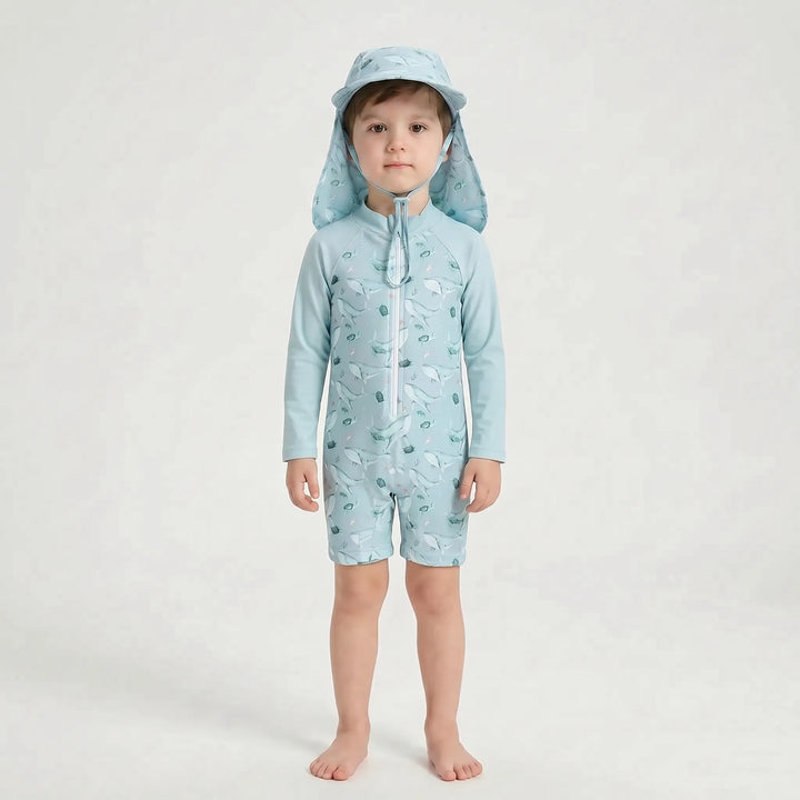 Stylish long-sleeve toddler rash guard swimsuit and coordinated sun hat, great for beach & pool kids' beachwear.