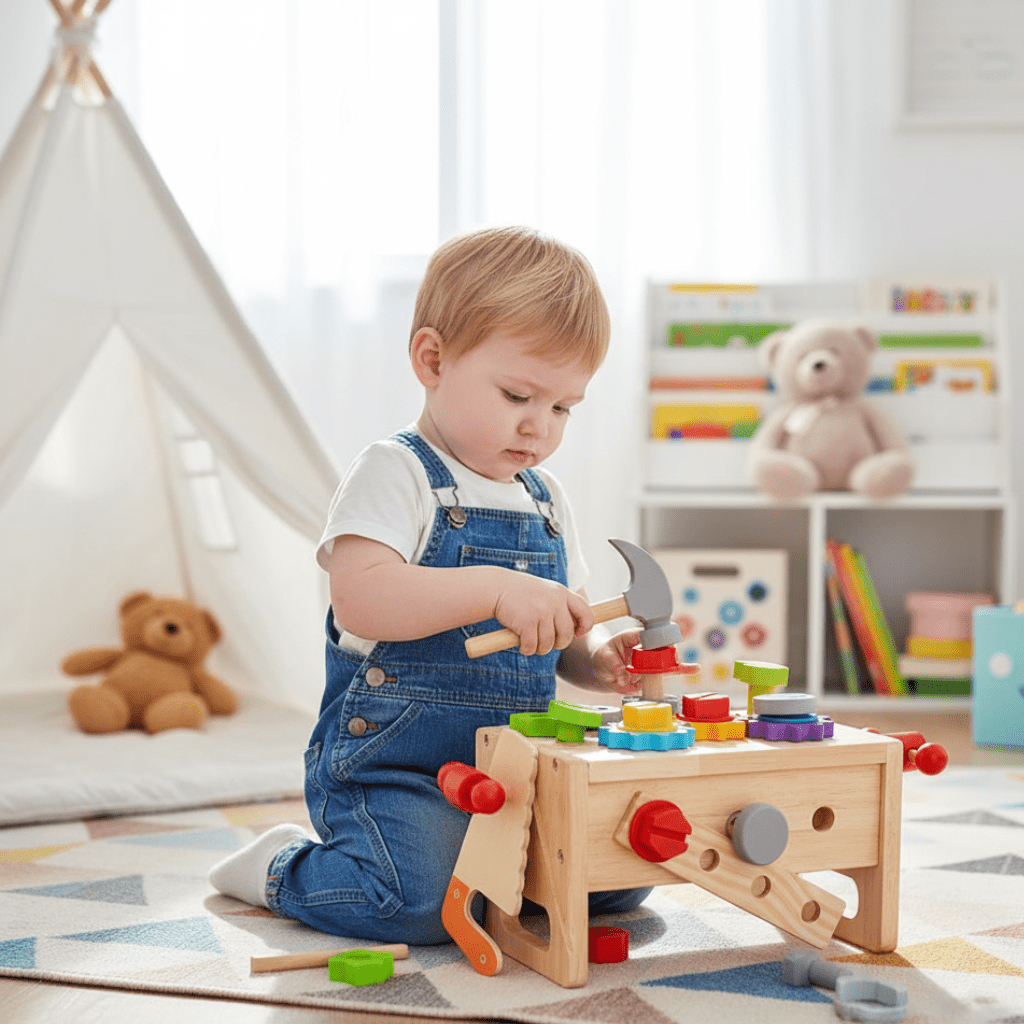Toddler's wooden activity box for creative building, enhancing fine motor skills & learning play.