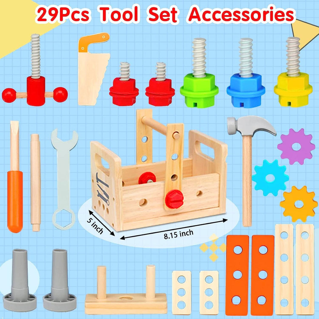 Kids wooden construction activity box with tools, promoting creativity & educational fun.