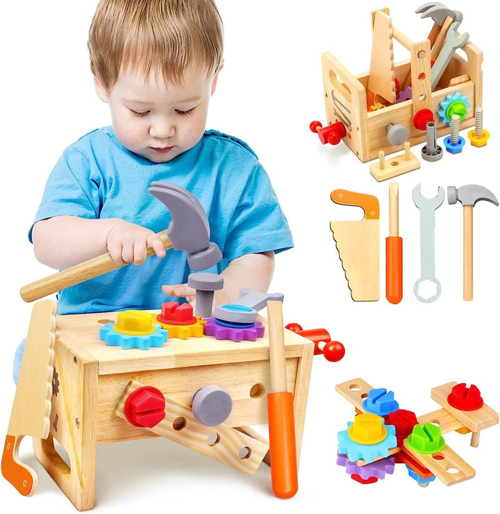 Toddler wooden activity box filled with building blocks & tools for hands-on construction & skill development.