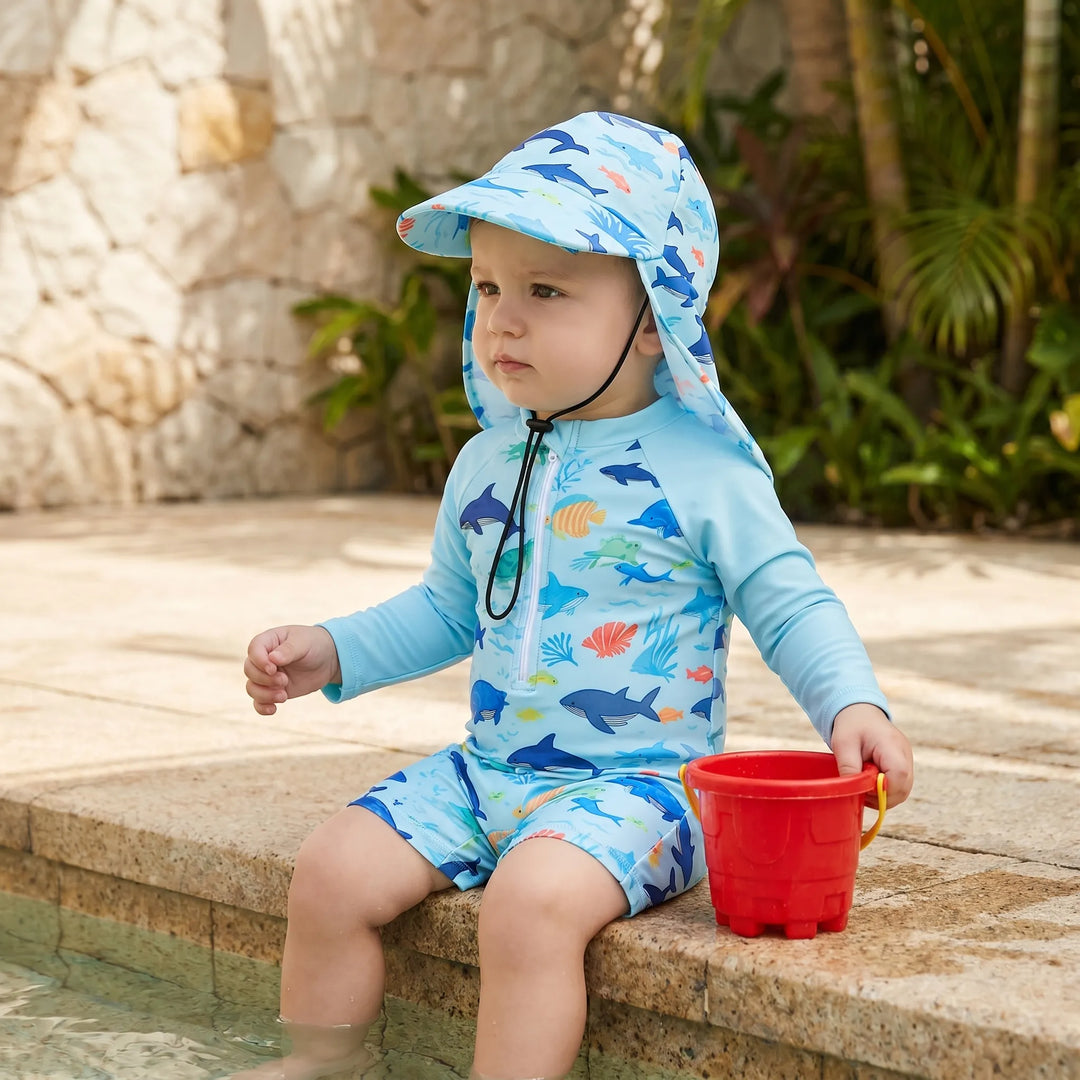 Toddler sun protection long sleeve swim romper set for beach & water play. UPF 50+ baby rash guard.