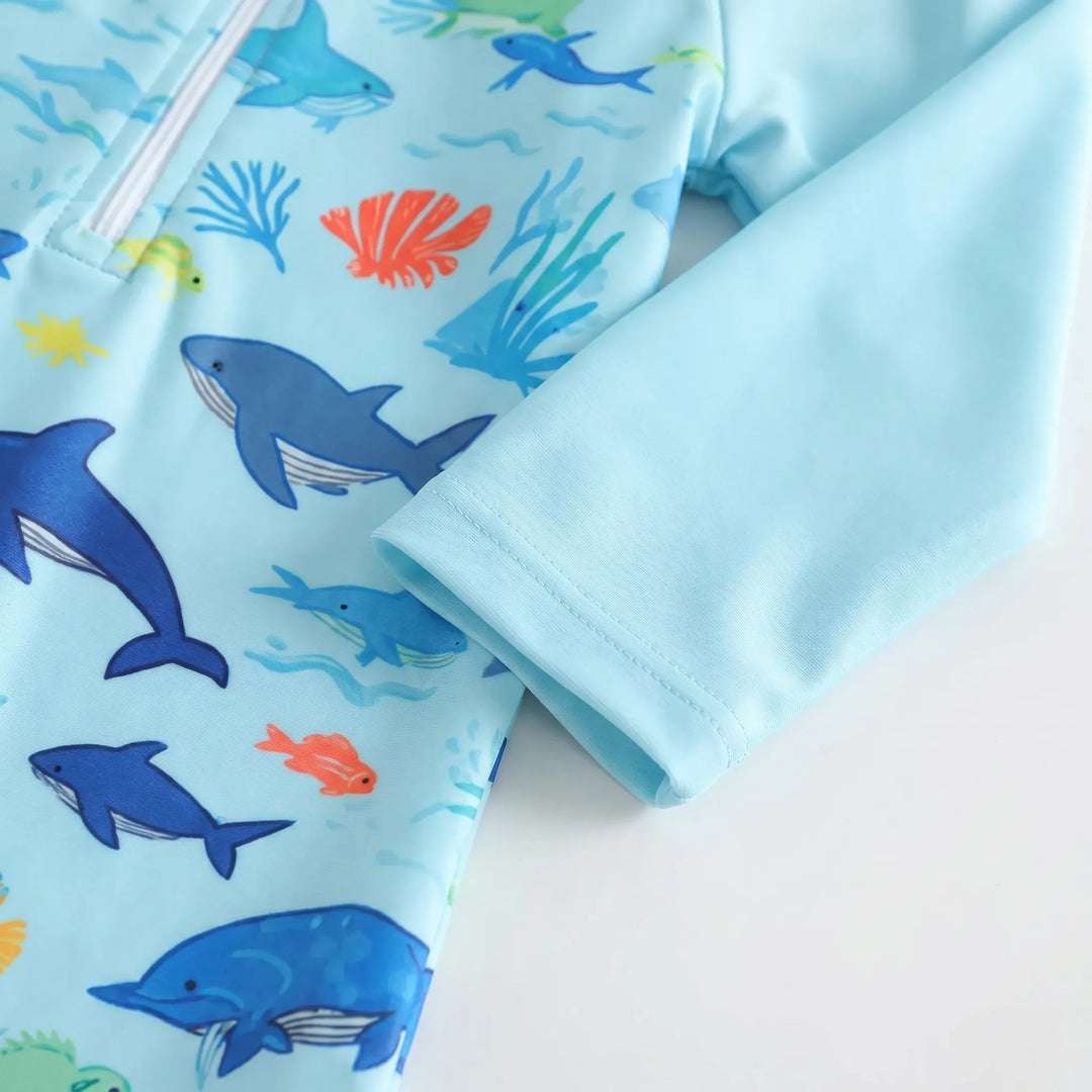 Infant long sleeve swim set with sun protection. Perfect toddler swimwear for beach & summer water play.