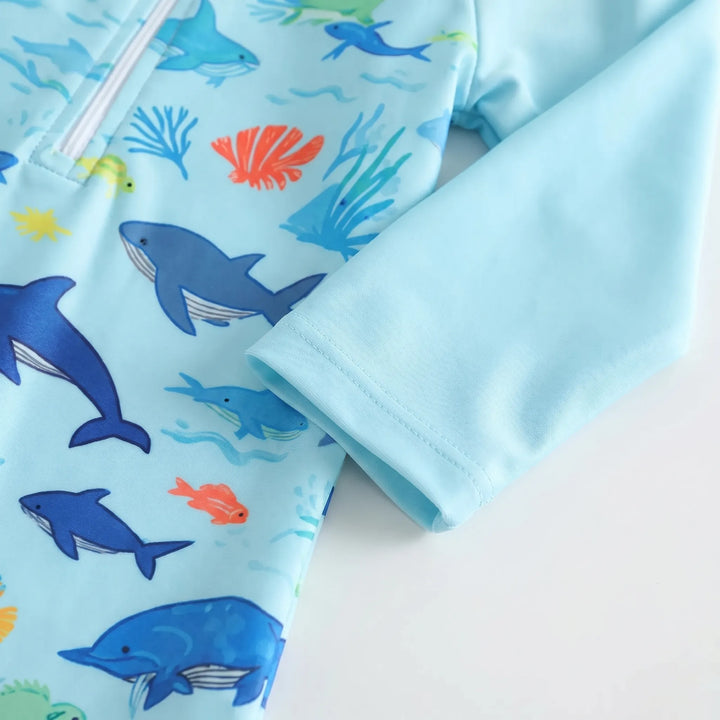 Infant long sleeve swim set with sun protection. Perfect toddler swimwear for beach & summer water play.