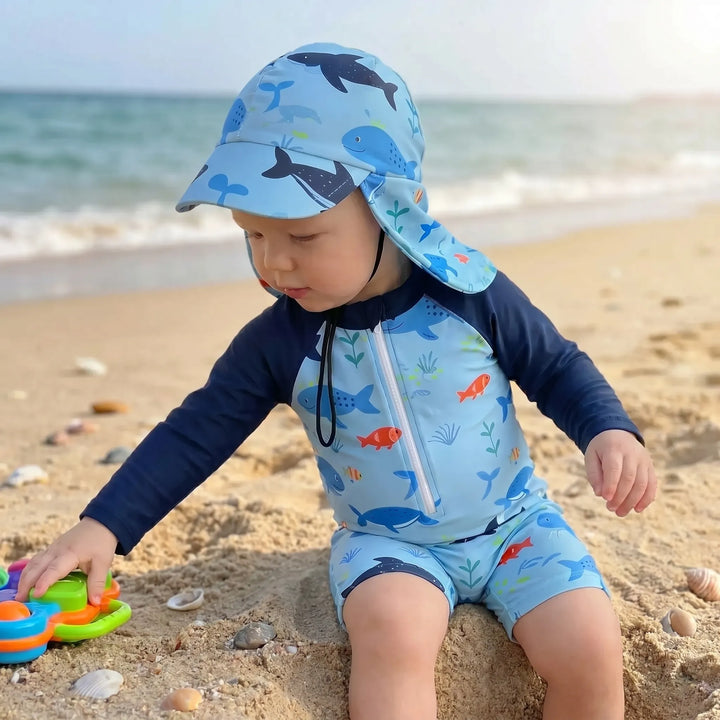 Full coverage toddler swim set: long sleeve romper for sun protection. Ideal baby beach wear & water play.