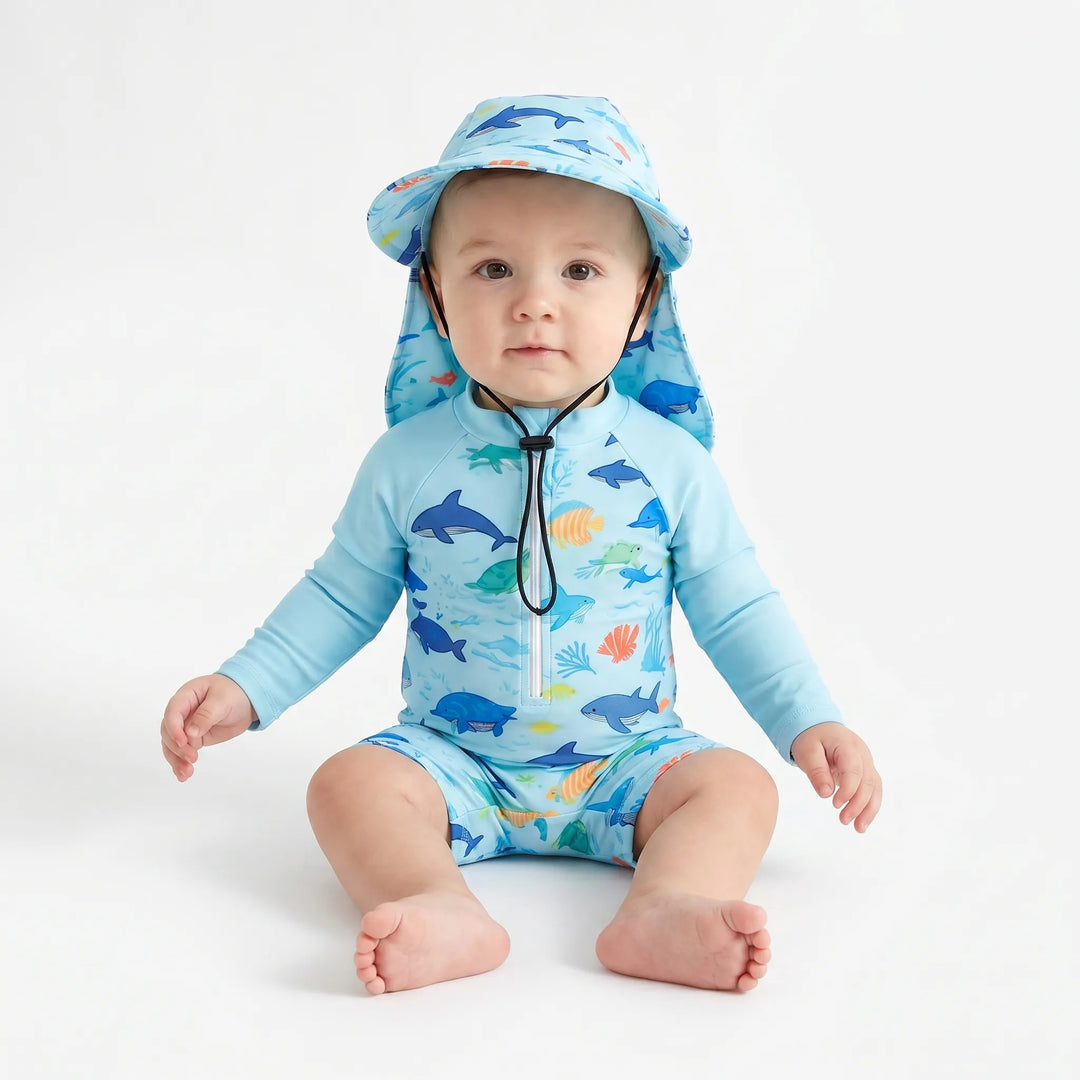 Easy wear long sleeve toddler sun protection swim romper set, perfect marine print baby beach outfit.