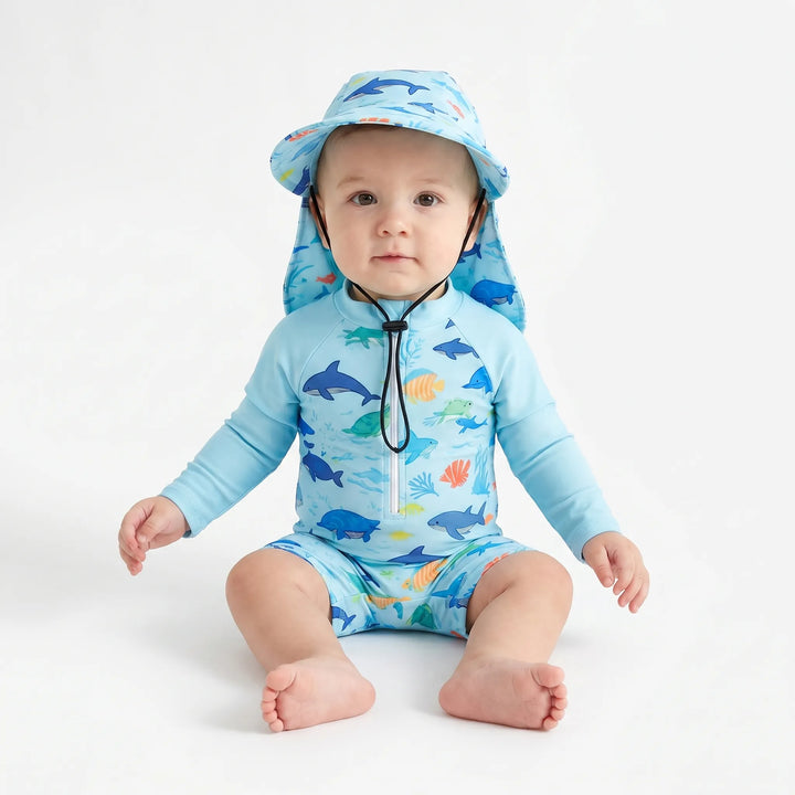 Easy wear long sleeve toddler sun protection swim romper set, perfect marine print baby beach outfit.