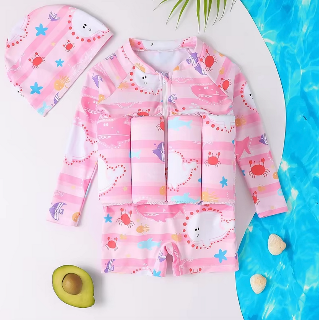 Safe kids' float vest with built-in shorts for learning to swim, SPF 50.