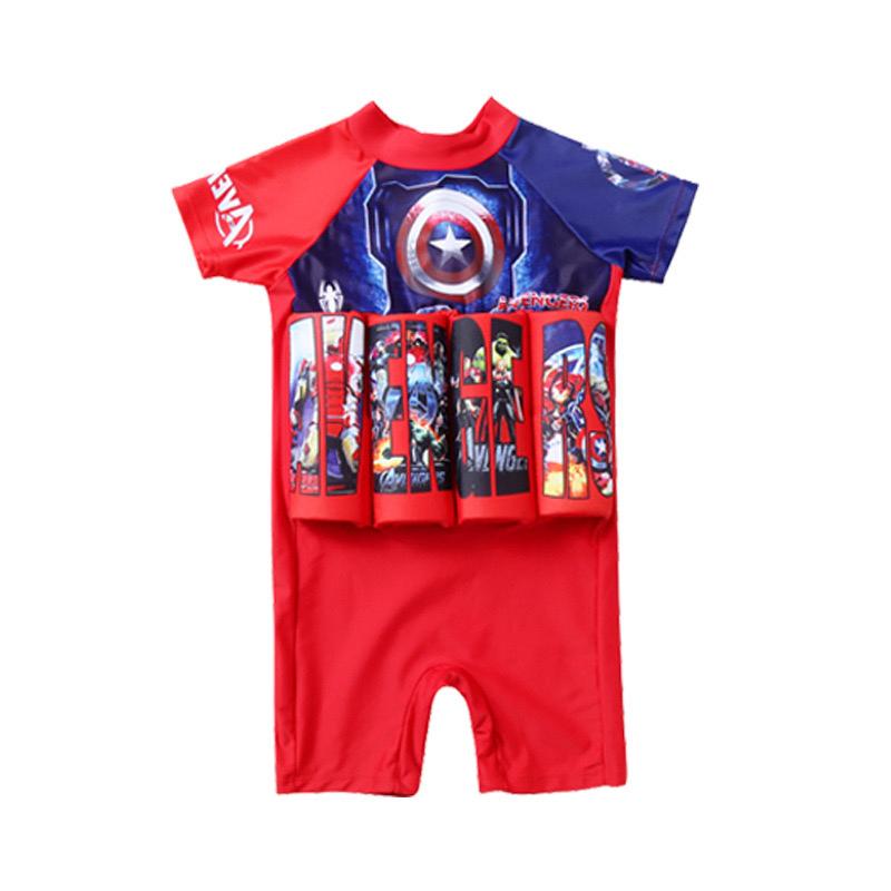 Patterned toddler floatation vest with built-in shorts, UV protected.