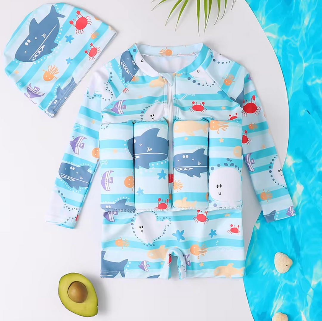 Stripe pattern kids' SPF 50 swim vest with shorts for active play.