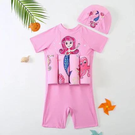 Secure children's UV protection swimwear vest with attached shorts.