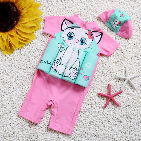 Children's learn to swim vest with UV protection and attached shorts.