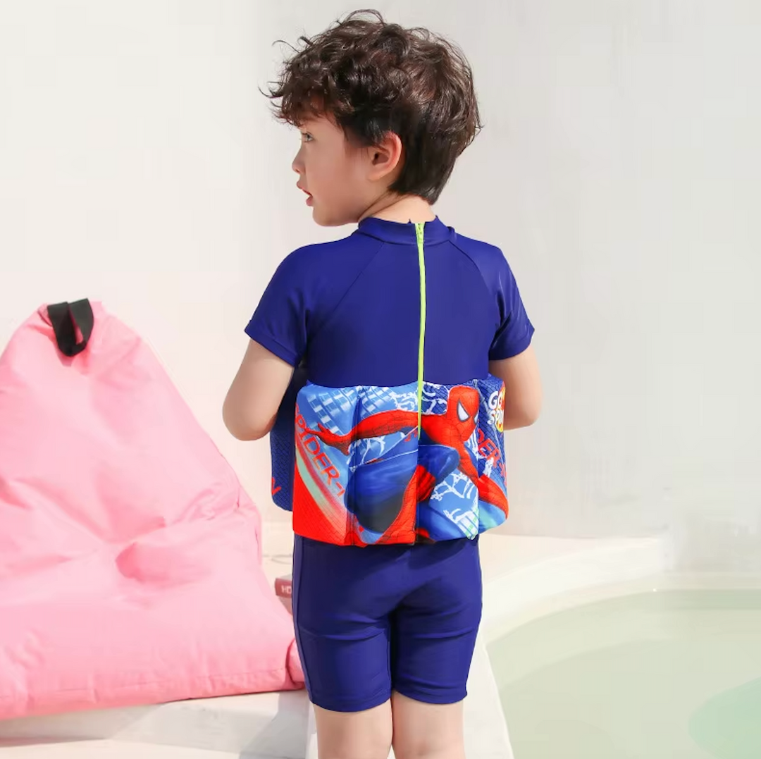Water safety swim vest for kids with UV protection & integrated shorts.