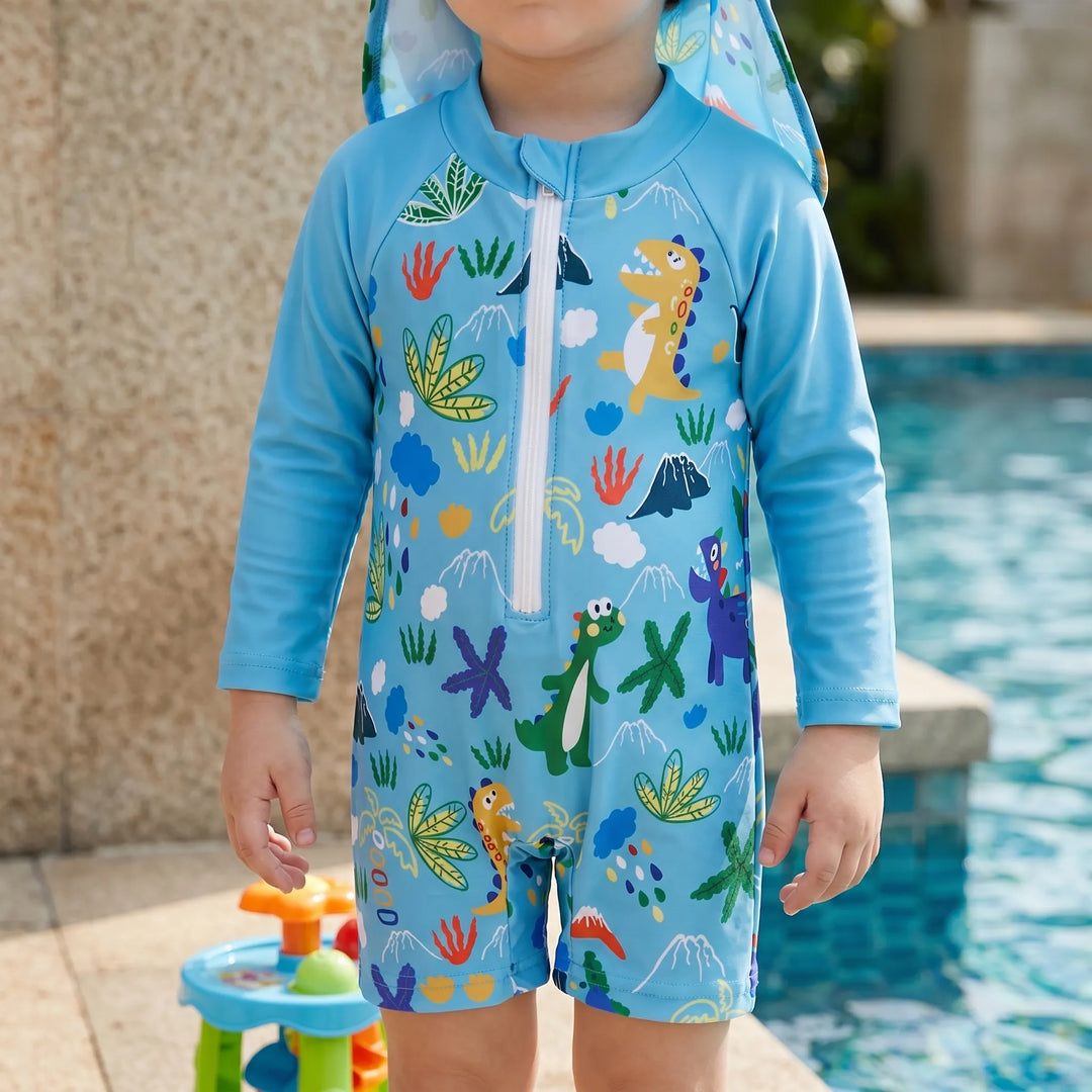 Toddler UV swim set with long-sleeve top, shorts, & sun flap hat for boys & girls. Perfect for beach & pool sun protection.