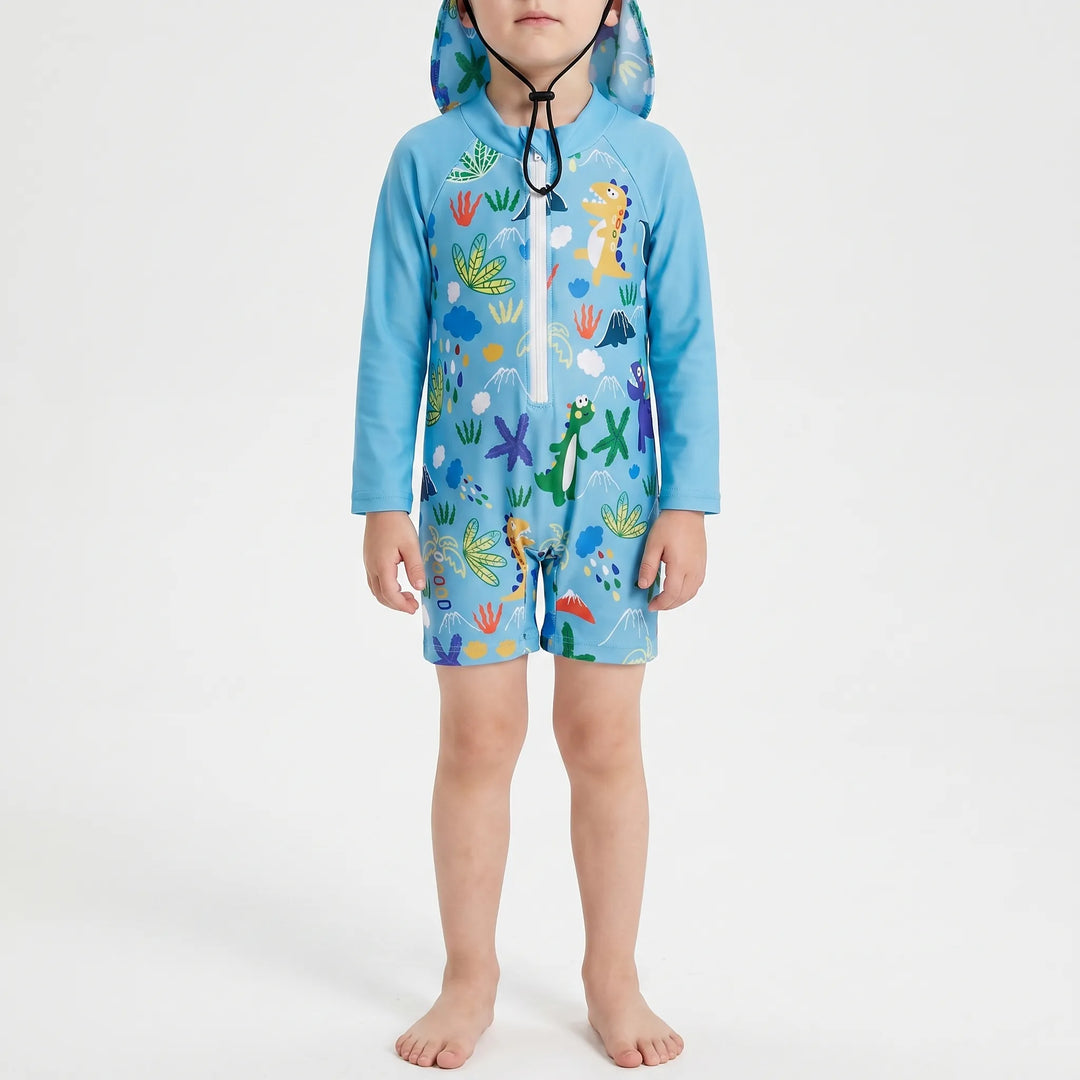 Unisex toddler long-sleeve UV swim set with matching shorts and sun protection flap hat for summer pool play.