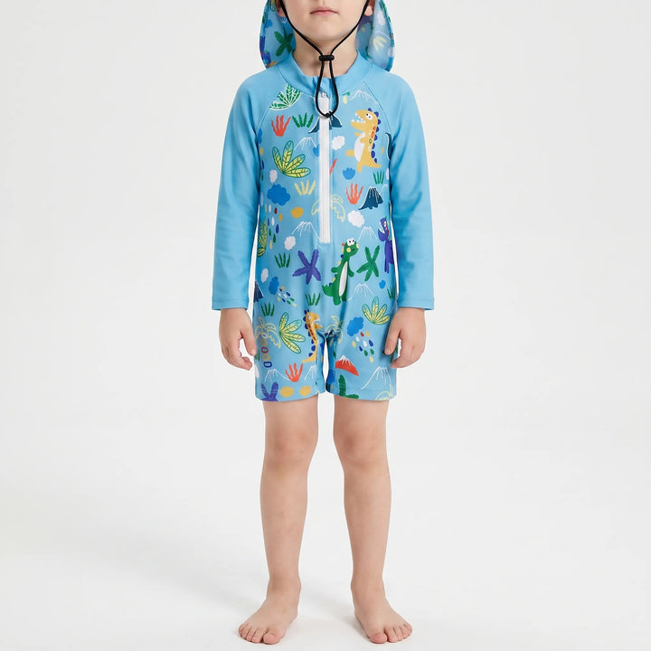 Unisex toddler long-sleeve UV swim set with matching shorts and sun protection flap hat for summer pool play.