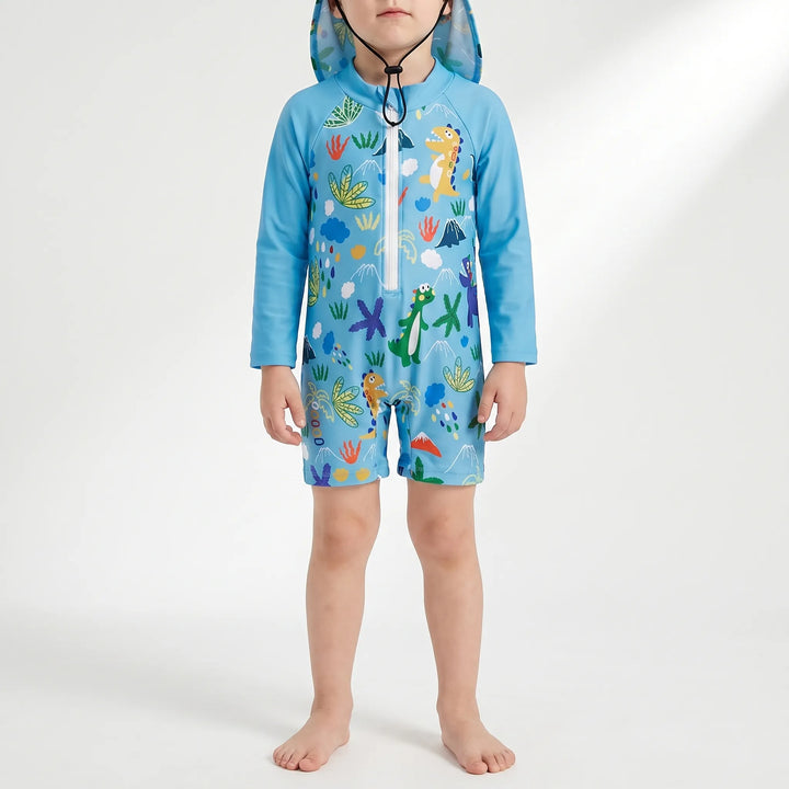 Adorable toddler boys' & girls' long-sleeve swim set with UV protection and a wide-brim sun hat for summer.