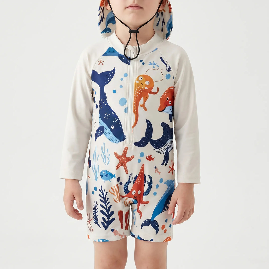 Baby & toddler UV sun protection swim set with long-sleeve rash guard & flap hat, perfect for outdoor fun.